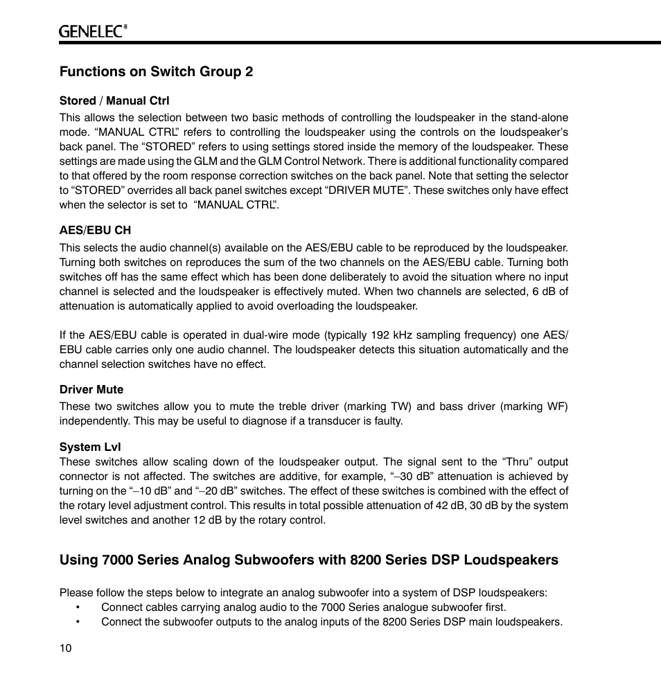 Functions on switch group 2 | Genelec 8240A User Manual | Page 10 / 16