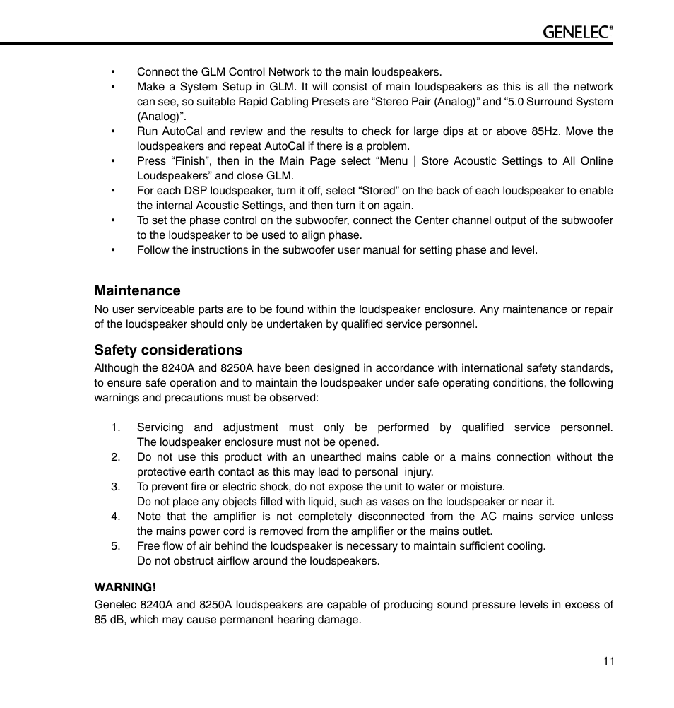Maintenance, Safety considerations | Genelec 8240A User Manual | Page 11 / 16