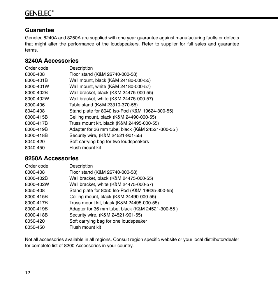 Guarantee, 8240a accessories, 8250a accessories | Genelec 8240A User Manual | Page 12 / 16