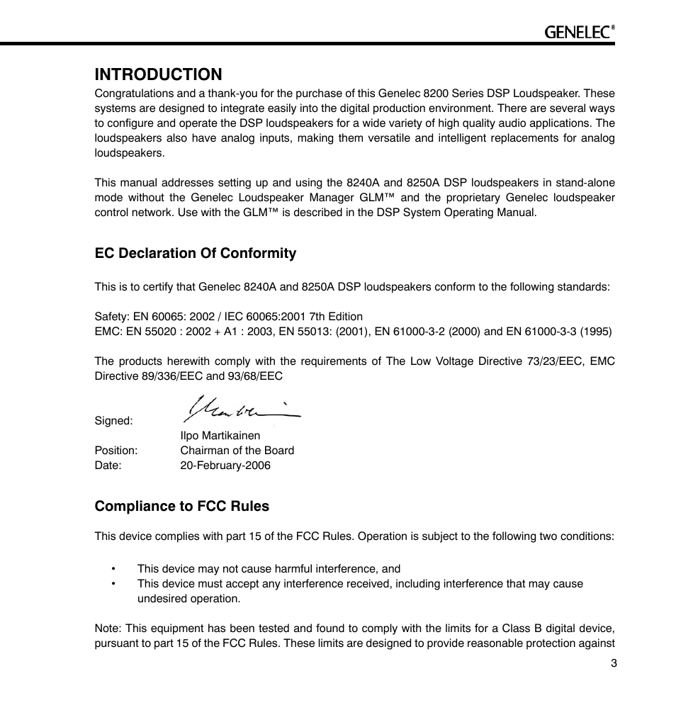 Introduction, Ec declaration of conformity, Compliance to fcc rules | Genelec 8240A User Manual | Page 3 / 16