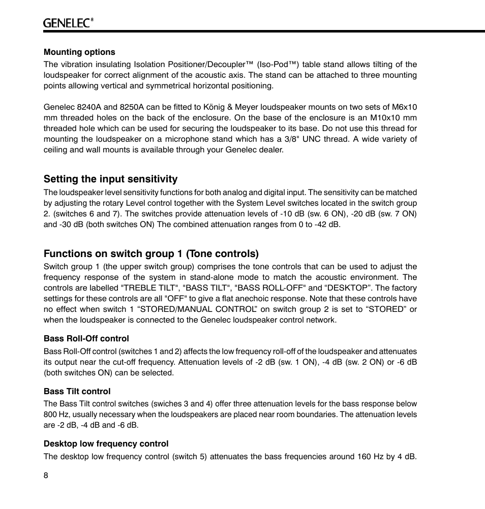 Setting the input sensitivity, Functions on switch group 1 (tone controls) | Genelec 8240A User Manual | Page 8 / 16