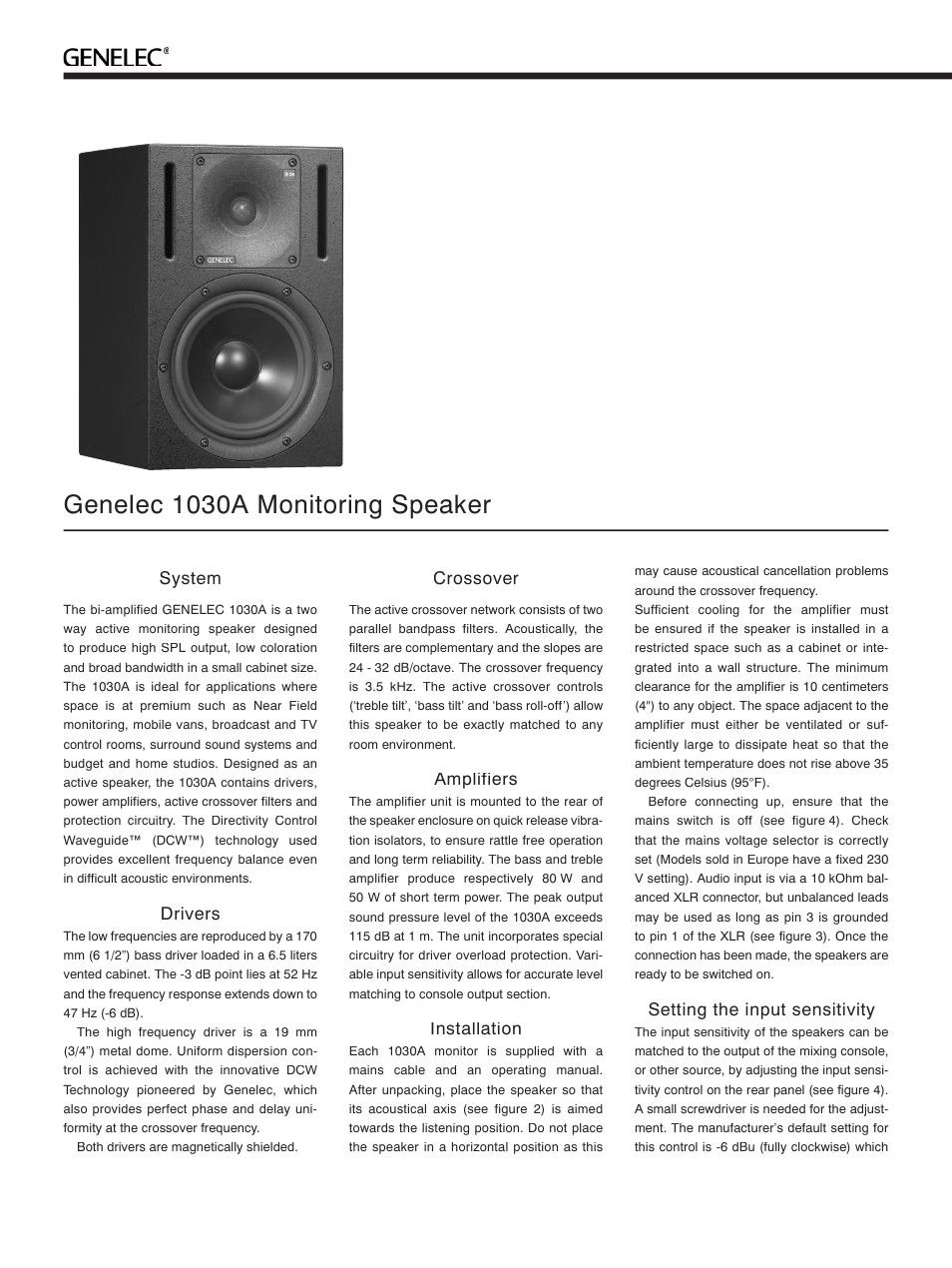 Genelec 1030a monitoring speaker | Genelec 1030A User Manual | Page 2 / 4