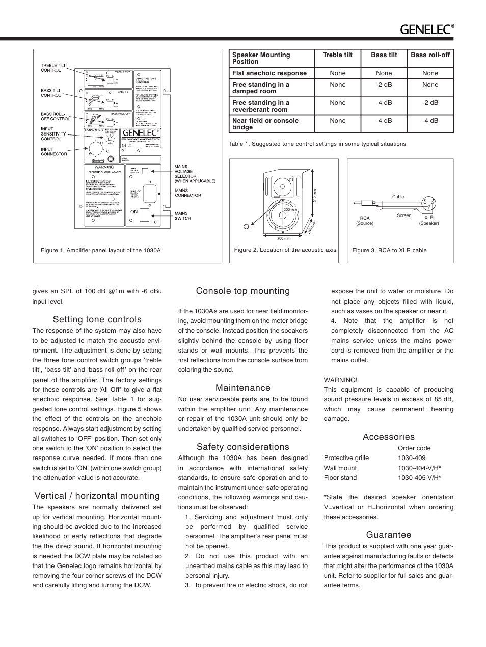 Setting tone controls, Vertical / horizontal mounting, Console top mounting | Maintenance, Safety considerations, Accessories, Guarantee | Genelec 1030A User Manual | Page 3 / 4