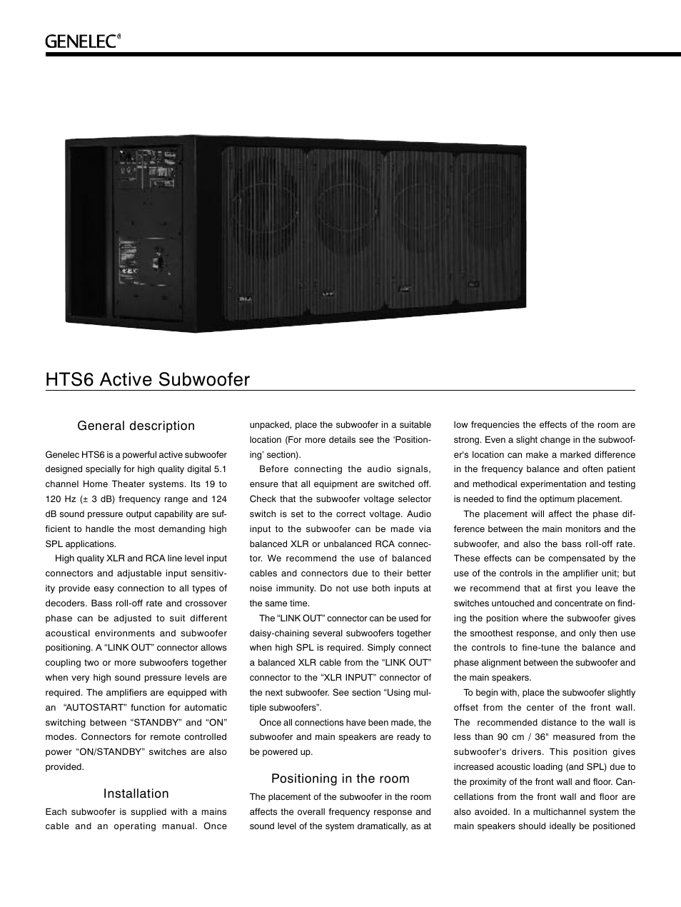 Hts6 active subwoofer, General description, Installation | Positioning in the room | Genelec HTS6 User Manual | Page 2 / 6