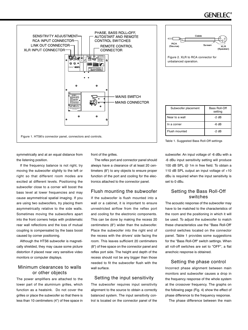 Minimum clearances to walls or other objects, Flush mounting the subwoofer, Setting the input sensitivity | Setting the bass roll-off switches, Setting the phase control | Genelec HTS6 User Manual | Page 3 / 6