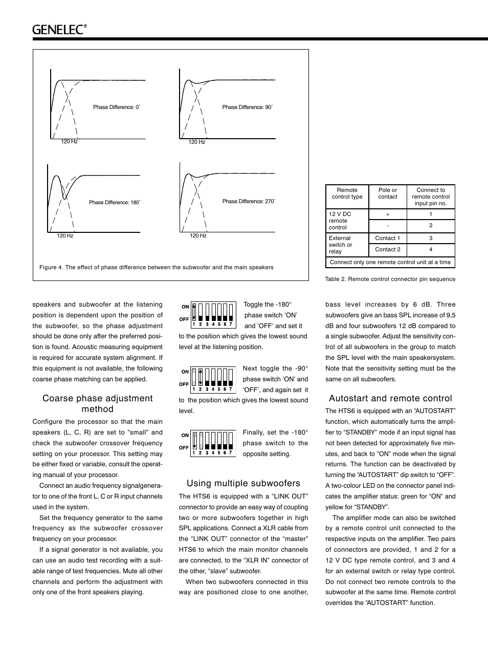 Coarse phase adjustment method, Using multiple subwoofers, Autostart and remote control | Genelec HTS6 User Manual | Page 4 / 6