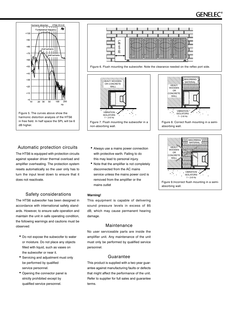 Automatic protection circuits, Safety considerations, Maintenance | Guarantee | Genelec HTS6 User Manual | Page 5 / 6