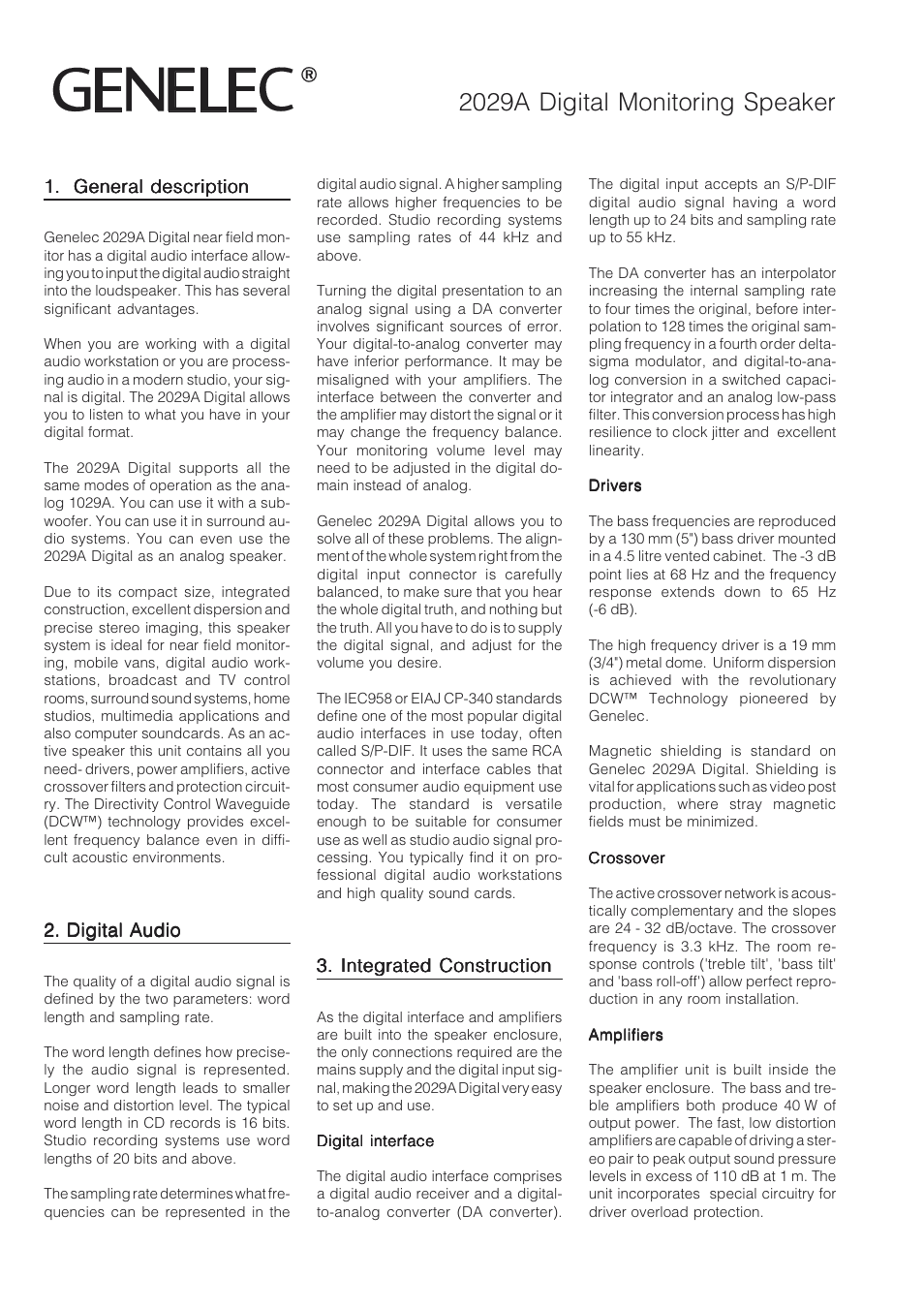 2029a digital monitoring speaker | Genelec 2029A User Manual | Page 2 / 6