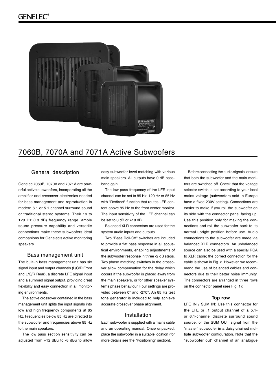 General description, Bass management unit, Installation | Genelec 7060B User Manual | Page 2 / 8