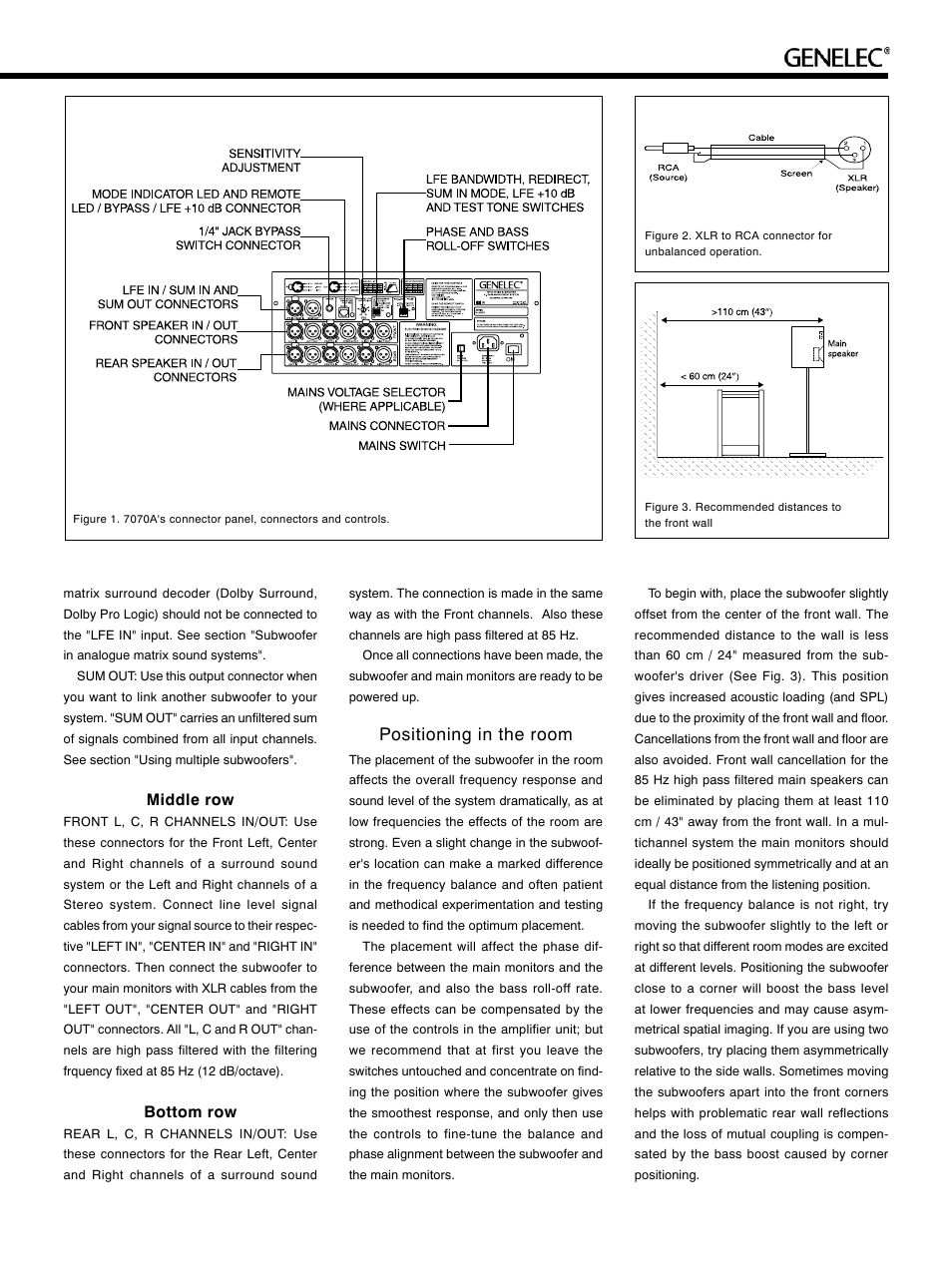 Positioning in the room, Middle row, Bottom row | Genelec 7060B User Manual | Page 3 / 8