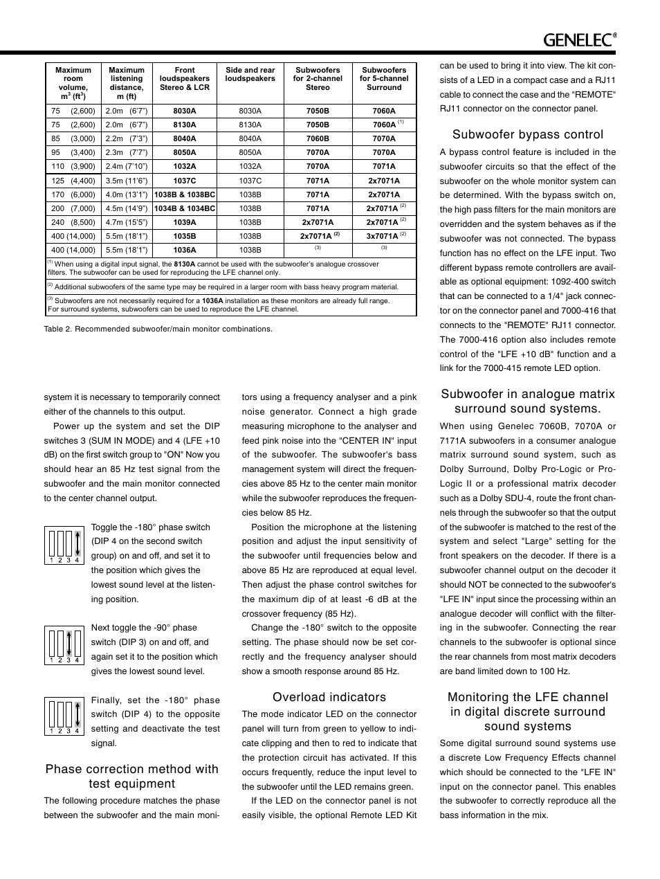 Phase correction method with test equipment, Overload indicators, Subwoofer bypass control | Genelec 7060B User Manual | Page 5 / 8