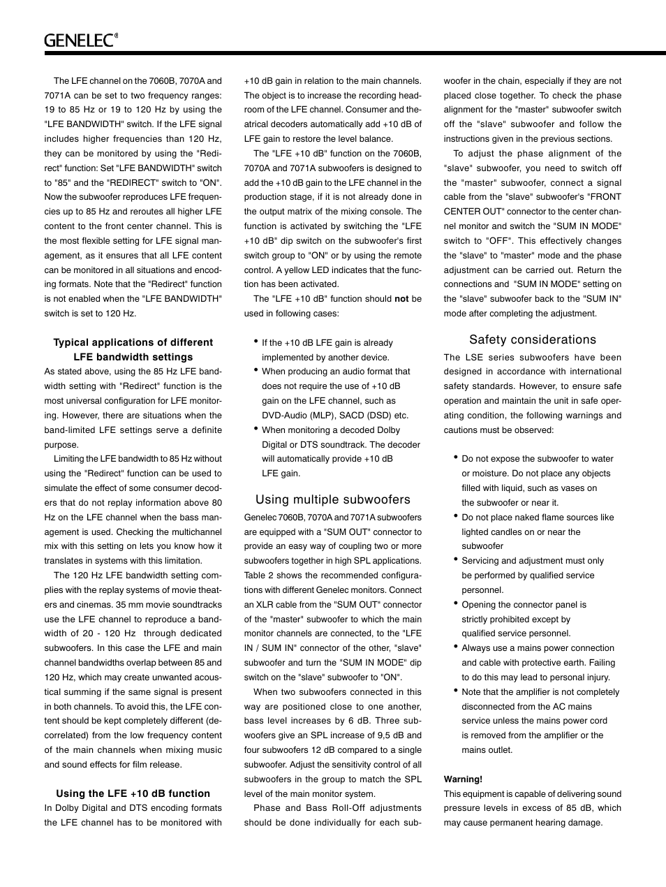 Using multiple subwoofers, Safety considerations | Genelec 7060B User Manual | Page 6 / 8