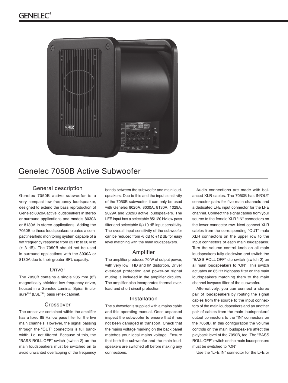 Genelec 7050b active subwoofer, General description, Driver | Crossover, Amplifier, Installation | Genelec 7050B User Manual | Page 2 / 6