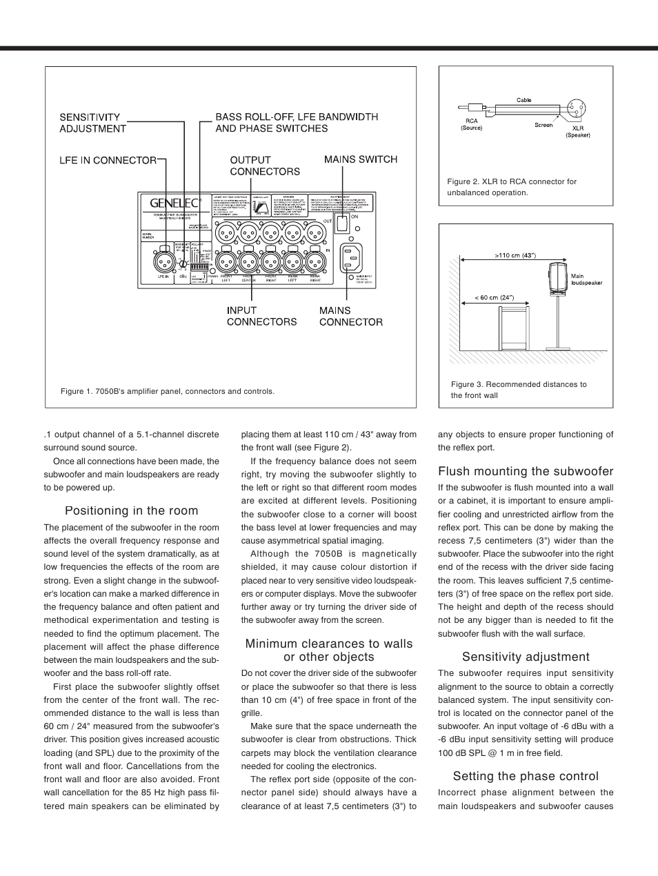 Positioning in the room, Minimum clearances to walls or other objects, Flush mounting the subwoofer | Sensitivity adjustment, Setting the phase control | Genelec 7050B User Manual | Page 3 / 6
