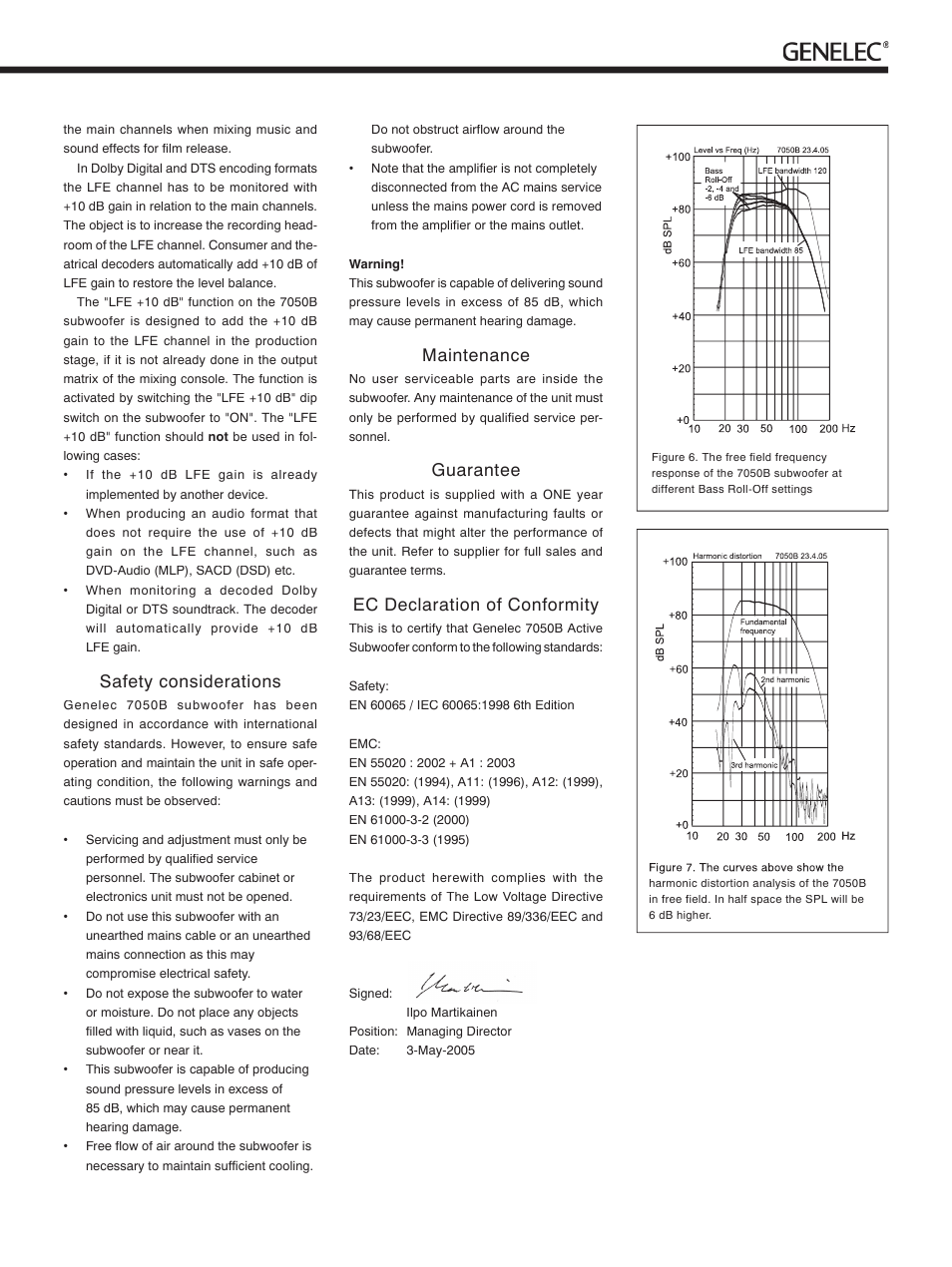 Safety considerations, Maintenance, Guarantee | Ec declaration of conformity | Genelec 7050B User Manual | Page 5 / 6