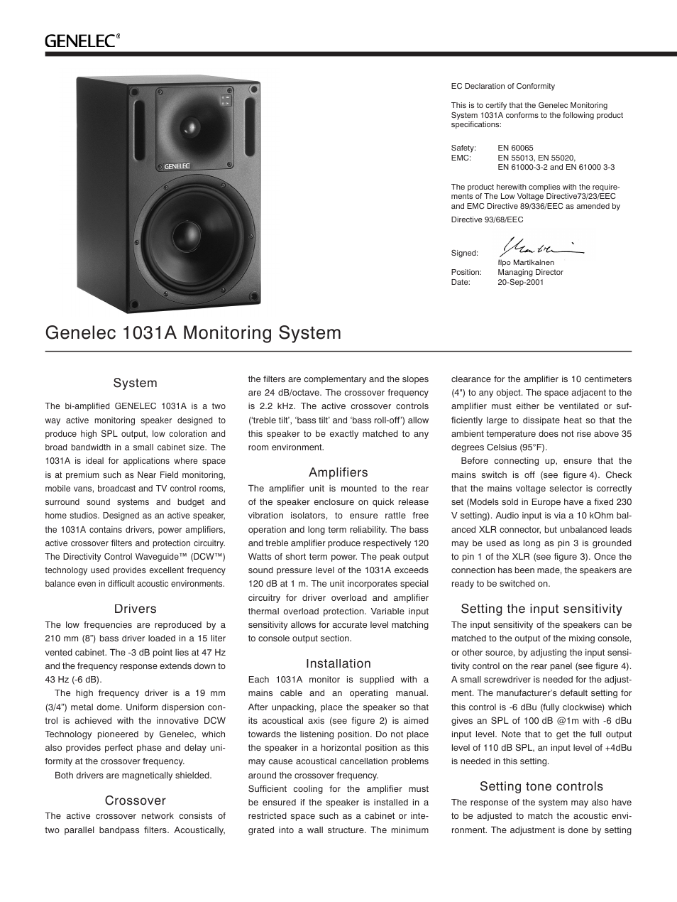 Genelec 1031a monitoring system, System, Drivers | Crossover, Amplifiers, Installation, Setting the input sensitivity, Setting tone controls | Genelec 1031A User Manual | Page 2 / 4