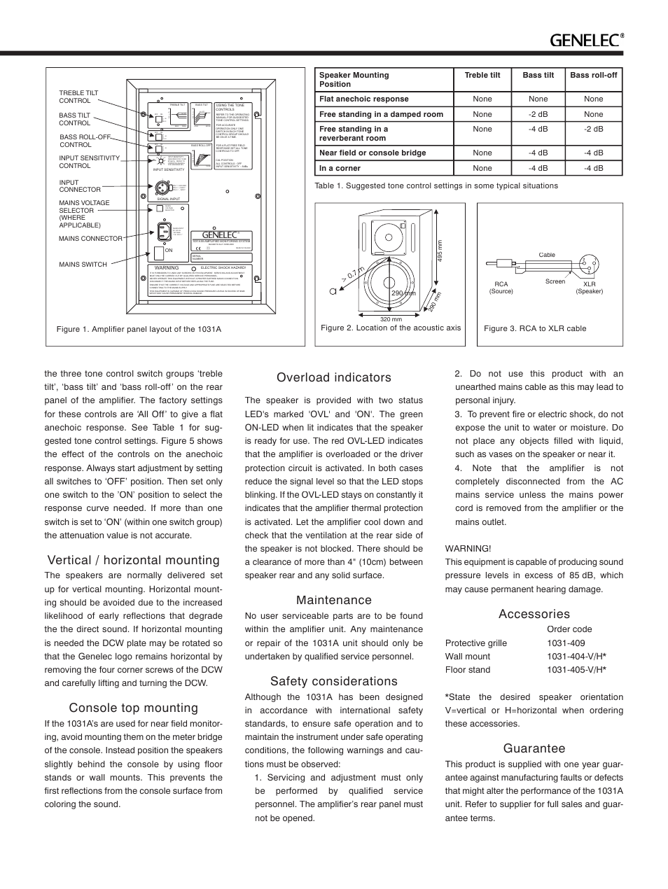 Vertical / horizontal mounting, Console top mounting, Overload indicators | Maintenance, Safety considerations, Accessories, Guarantee, All off, 2 db -4 mute +2, Genelecr | Genelec 1031A User Manual | Page 3 / 4