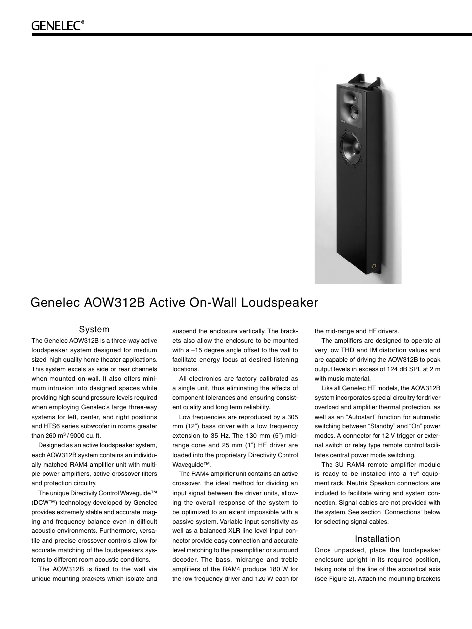 Genelec aow312b active on-wall loudspeaker, System, Installation | Genelec Active ON Wall Loudspeaker AOW312B User Manual | Page 2 / 6