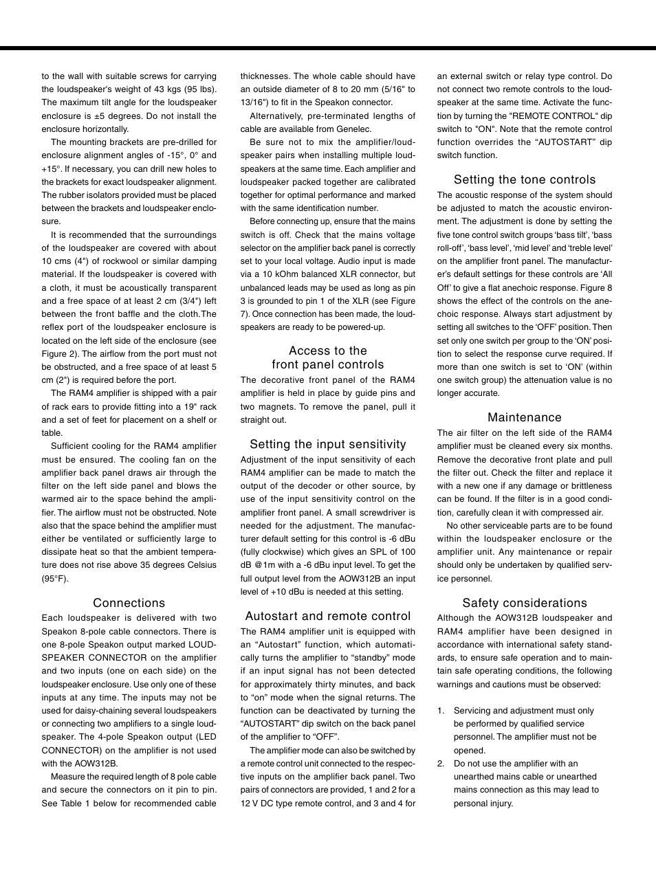 Connections, Access to the front panel controls, Setting the input sensitivity | Autostart and remote control, Setting the tone controls, Maintenance, Safety considerations | Genelec Active ON Wall Loudspeaker AOW312B User Manual | Page 3 / 6