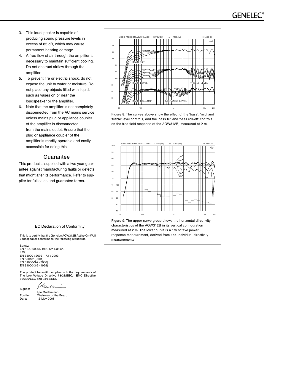 Guarantee, Ec declaration of conformity | Genelec Active ON Wall Loudspeaker AOW312B User Manual | Page 5 / 6