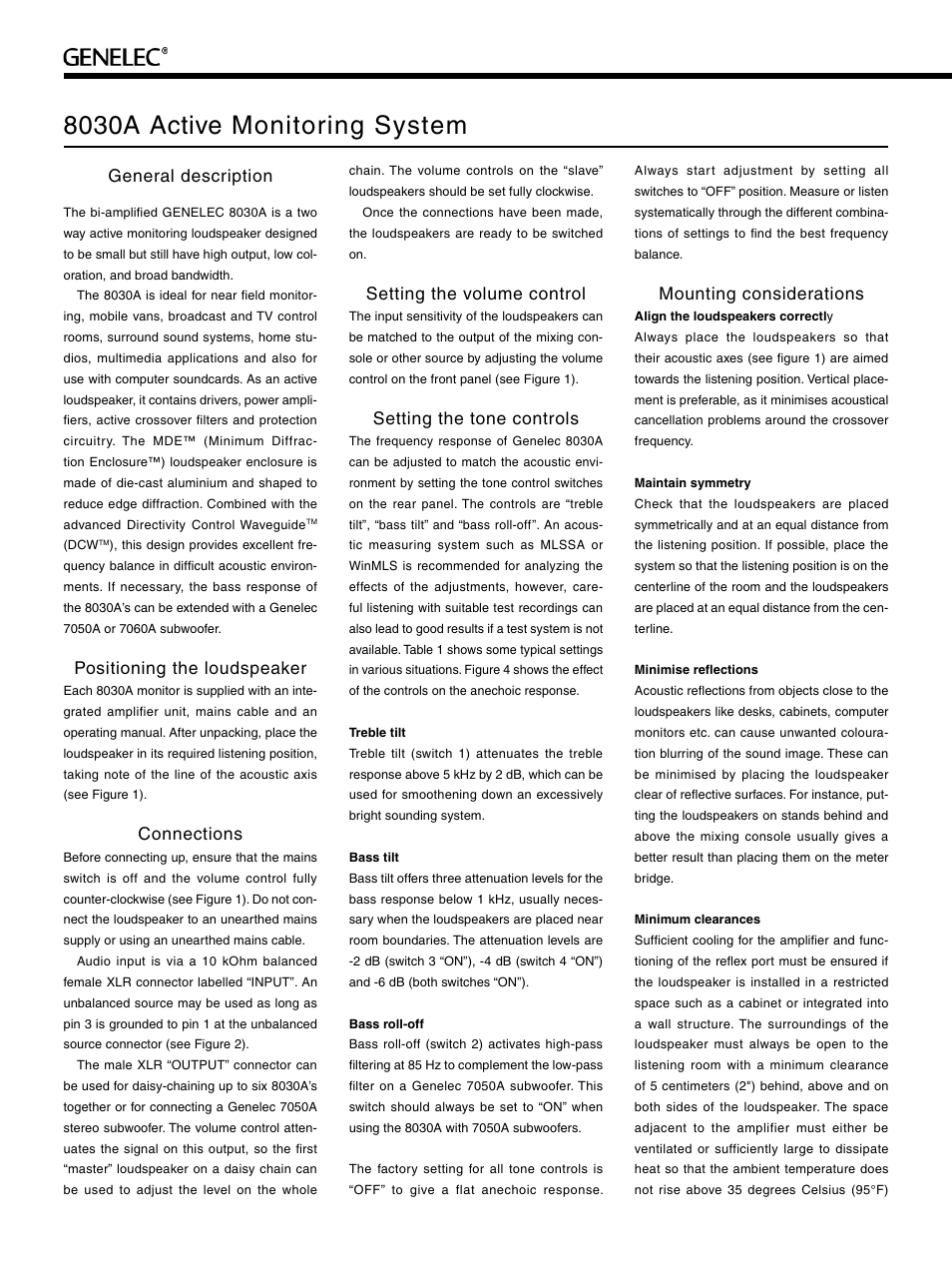 8030a active monitoring system, General description, Positioning the loudspeaker | Connections, Setting the volume control, Setting the tone controls, Mounting considerations | Genelec 8030A User Manual | Page 2 / 4