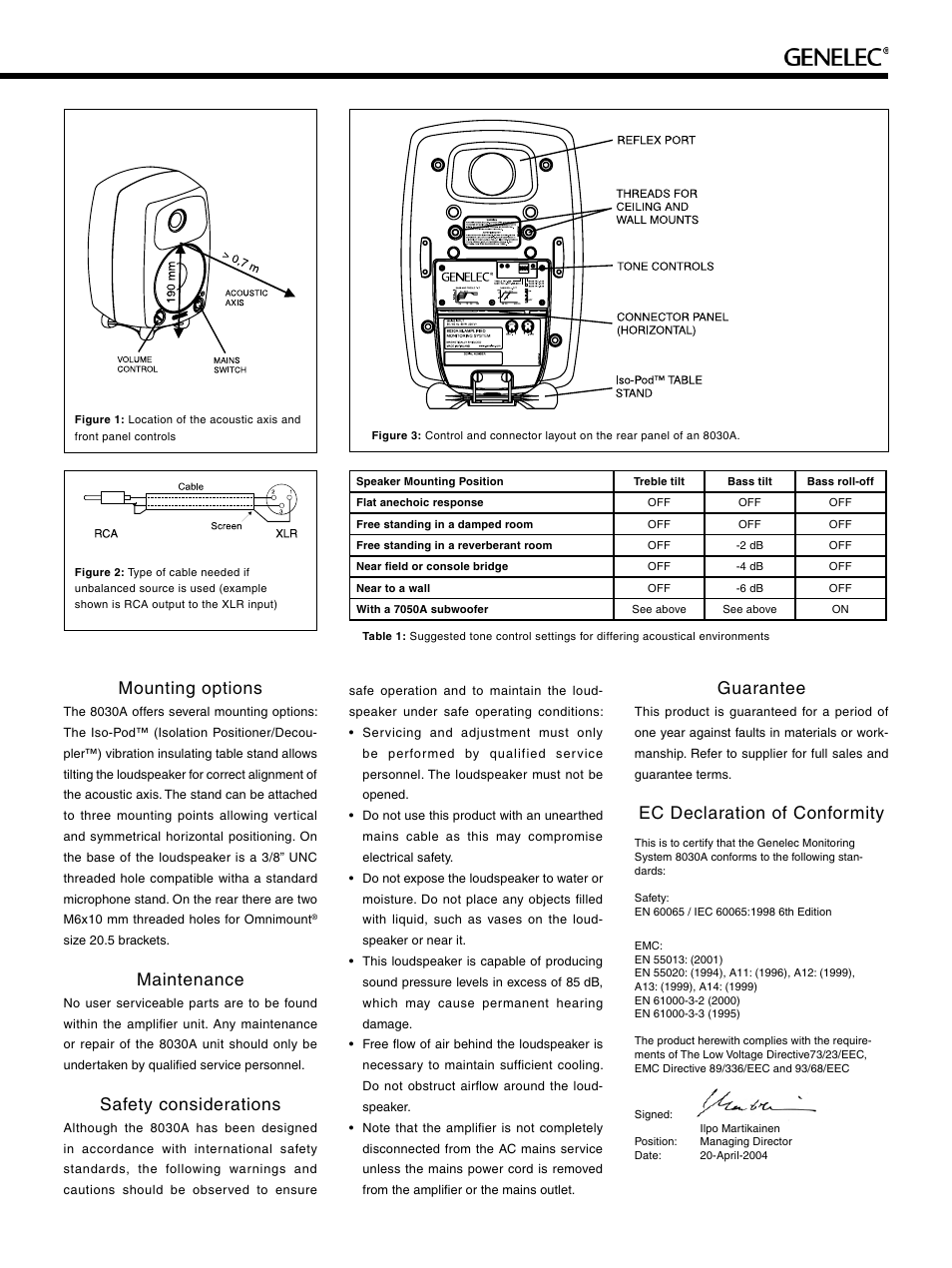 Mounting options, Maintenance, Safety considerations | Guarantee, Ec declaration of conformity | Genelec 8030A User Manual | Page 3 / 4