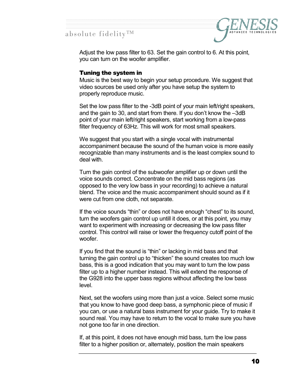 Tuning the system in, Uning the system in, Длздмнй=сбзйдбну | Genesis I.C.E. 928 User Manual | Page 10 / 15