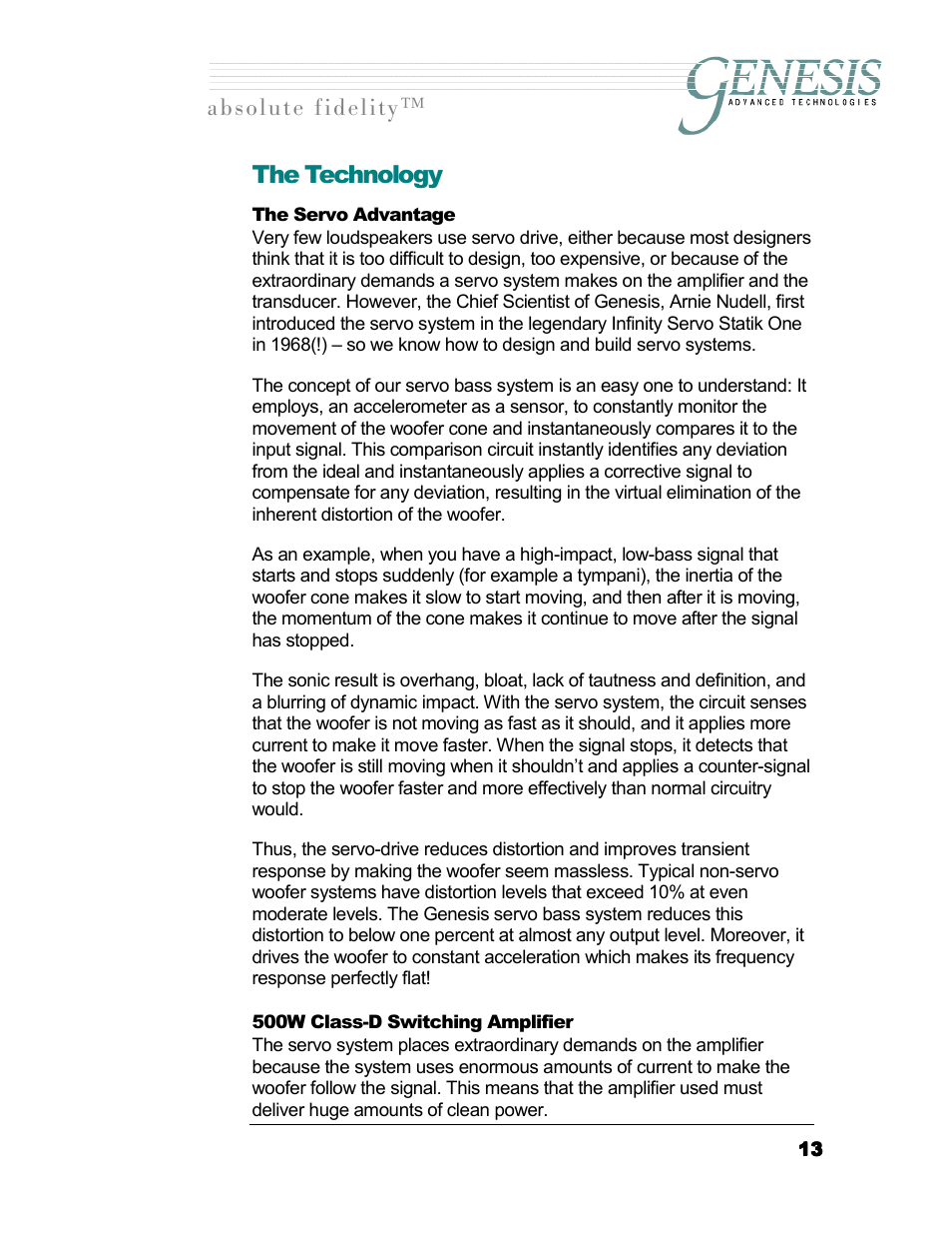 The technology, The servo advantage, 500w class-d switching amplifier | Ervo, Dvantage, 500w c, Lass, Witching, Mplifier, Длздмнй=сбзйдбну ™ the technology | Genesis I.C.E. 928 User Manual | Page 13 / 15