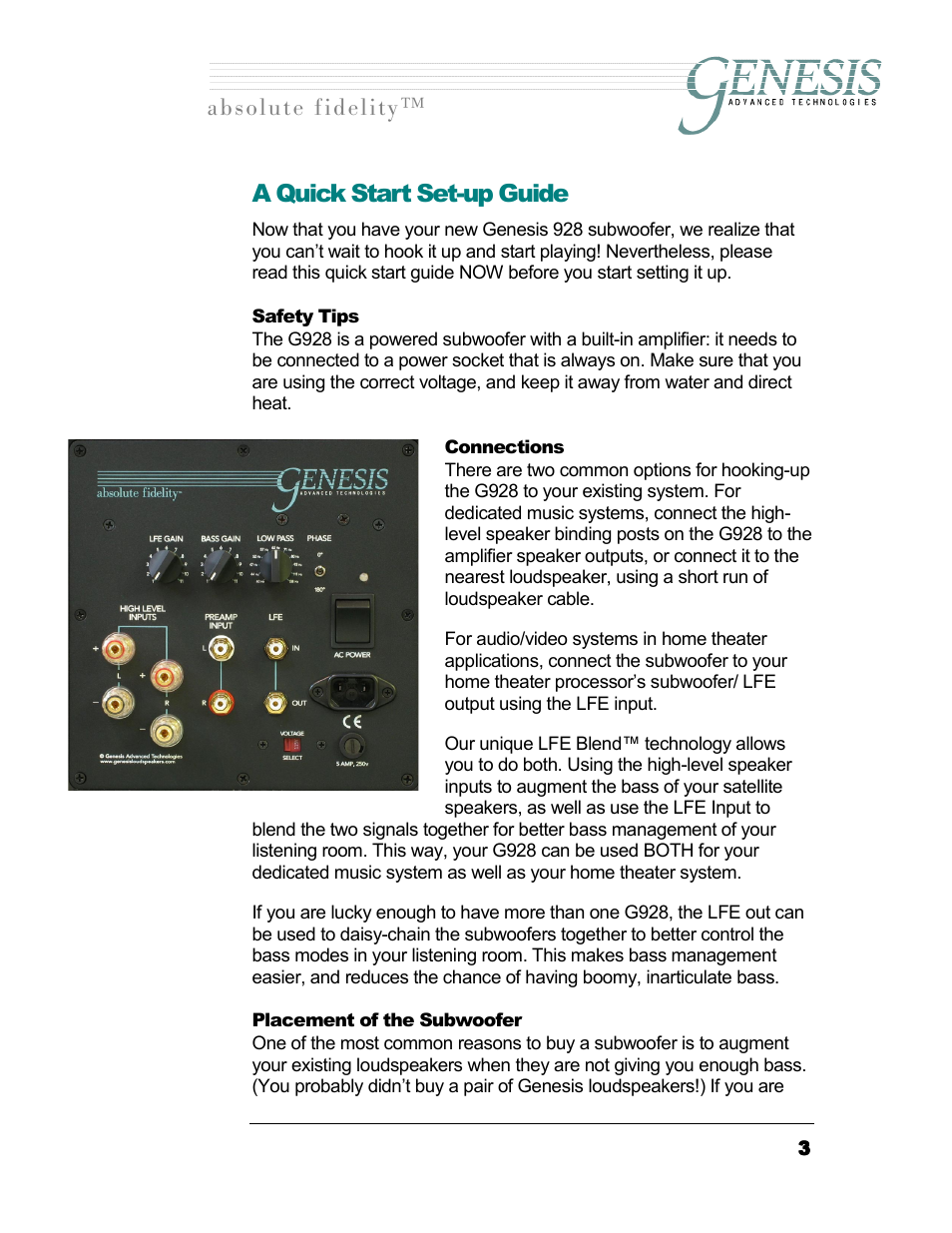 A quick start set-up guide, Safety tips, Connections | Placement of the subwoofer, Afety, Onnections, Lacement of the, Ubwoofer, Длздмнй=сбзйдбну ™ a quick start set-up guide | Genesis I.C.E. 928 User Manual | Page 3 / 15