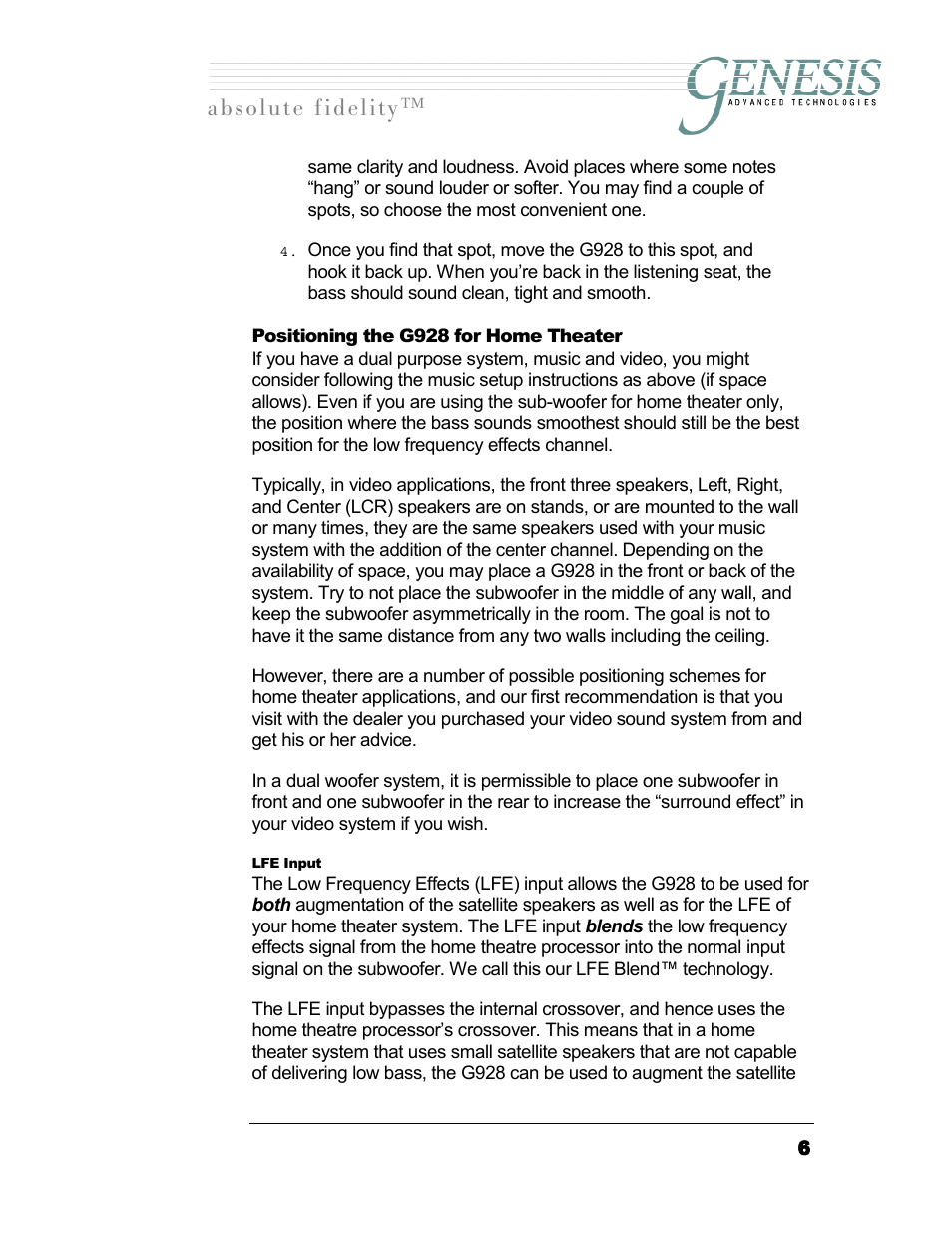 Positioning the g928 for home theater, Lfe input, Ositioning the | G928, Heater, Lfe i, Nput, Длздмнй=сбзйдбну | Genesis I.C.E. 928 User Manual | Page 6 / 15