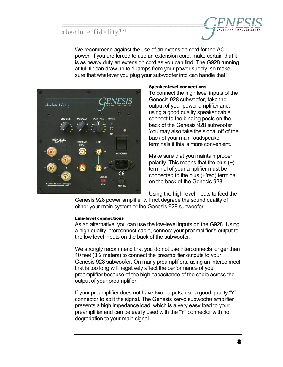 Speaker-level connections, Line-level connections, Peaker | Level connections, Длздмнй=сбзйдбну | Genesis I.C.E. 928 User Manual | Page 8 / 15
