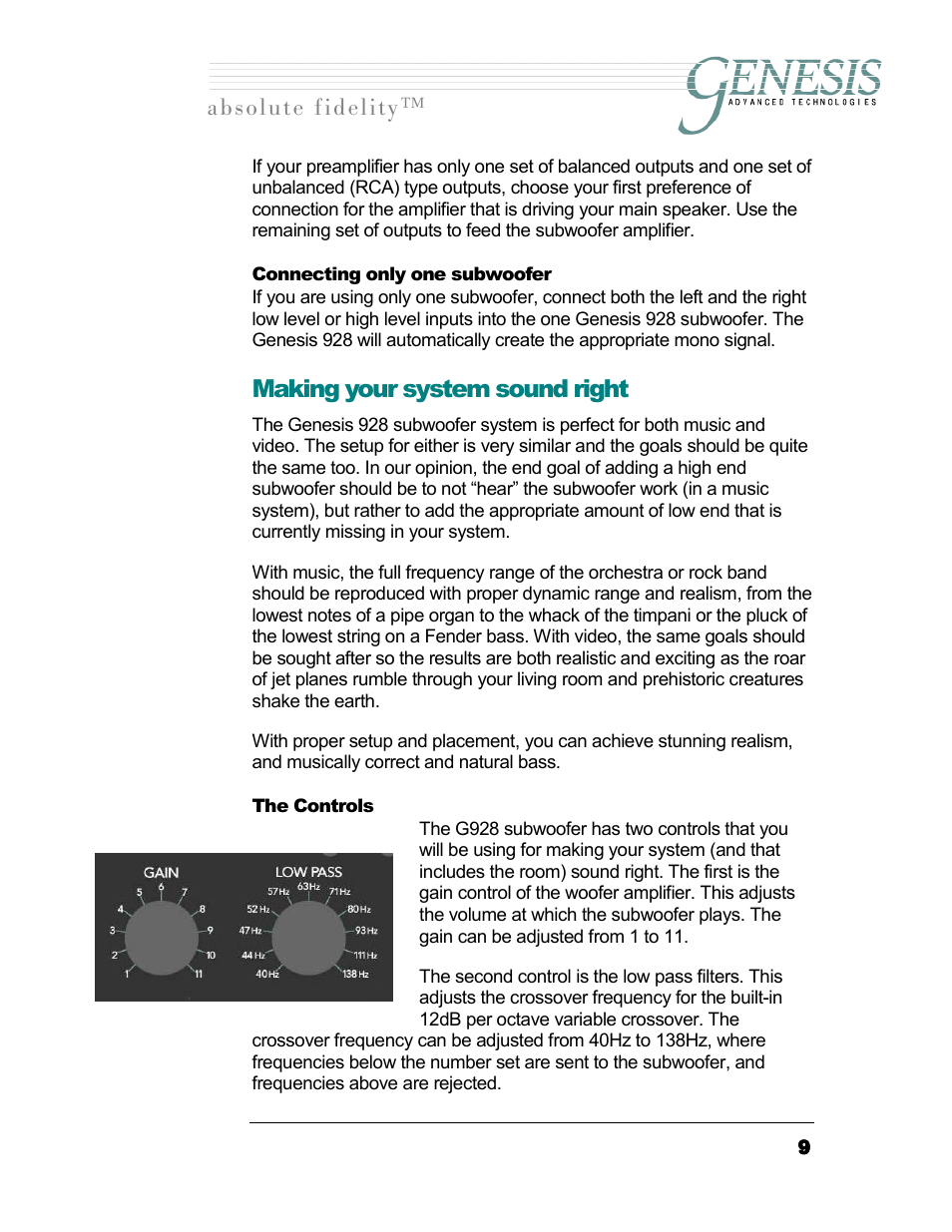 Connecting only one subwoofer, Making your system sound right, The controls | Onnecting only one subwoofer, Ontrols, Длздмнй=сбзйдбну | Genesis I.C.E. 928 User Manual | Page 9 / 15