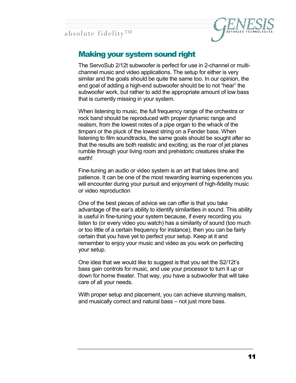 Making your system sound right, Длздмнй=сбзйдбну ™ making your system sound right | Genesis I.C.E. 12t User Manual | Page 11 / 17