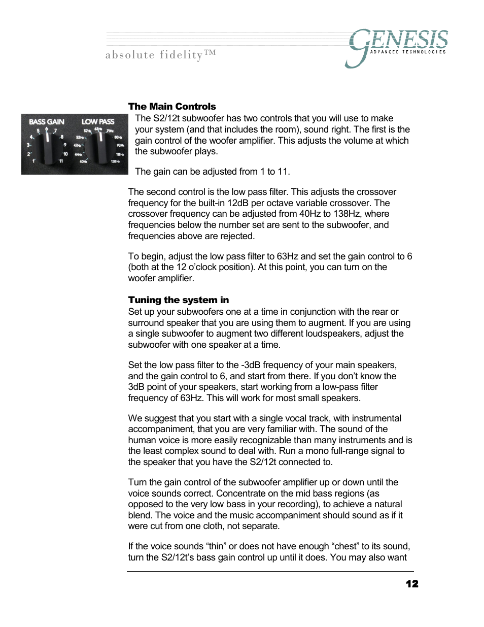 The main controls, Tuning the system in, Ontrols | Uning the system in, Длздмнй=сбзйдбну | Genesis I.C.E. 12t User Manual | Page 12 / 17