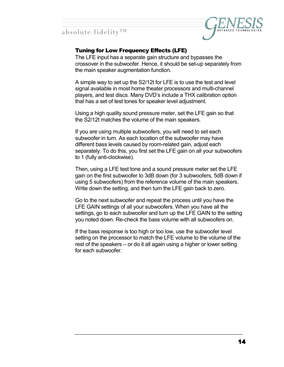 Tuning for low frequency effects (lfe), Uning for, Requency | Ffects, Lfe) 14, Длздмнй=сбзйдбну | Genesis I.C.E. 12t User Manual | Page 14 / 17