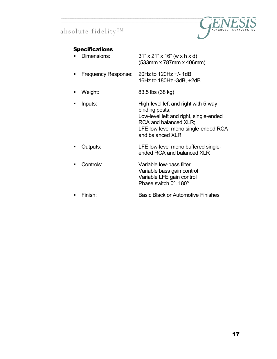 Specifications, Pecifications, Длздмнй=сбзйдбну | Genesis I.C.E. 12t User Manual | Page 17 / 17