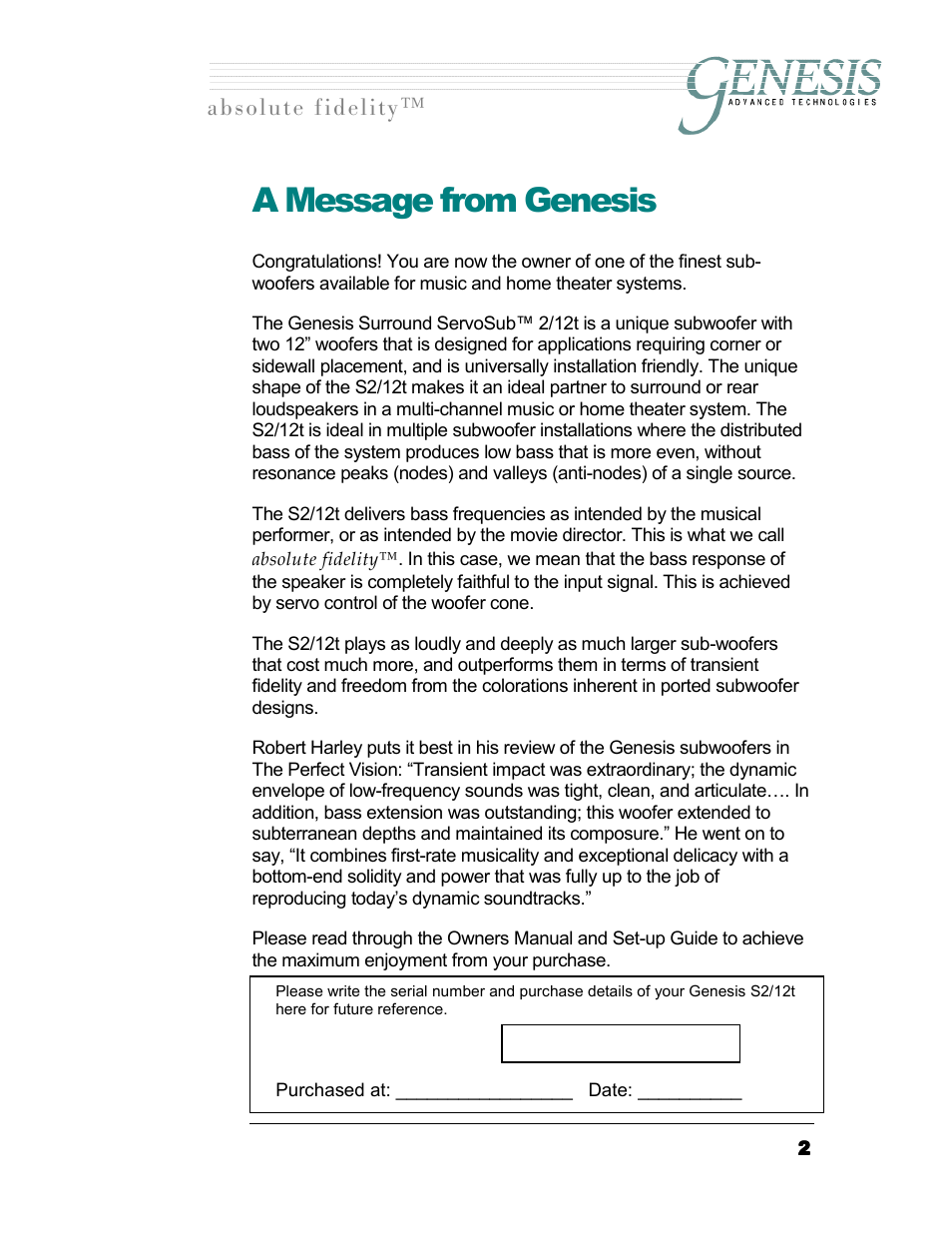 A message from genesis, Длздмнй=сбзйдбну | Genesis I.C.E. 12t User Manual | Page 2 / 17