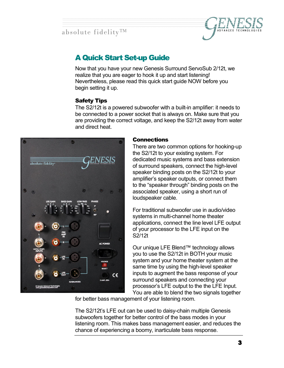 A quick start set-up guide, Safety tips, Connections | Afety, Onnections, Длздмнй=сбзйдбну ™ a quick start set-up guide | Genesis I.C.E. 12t User Manual | Page 3 / 17
