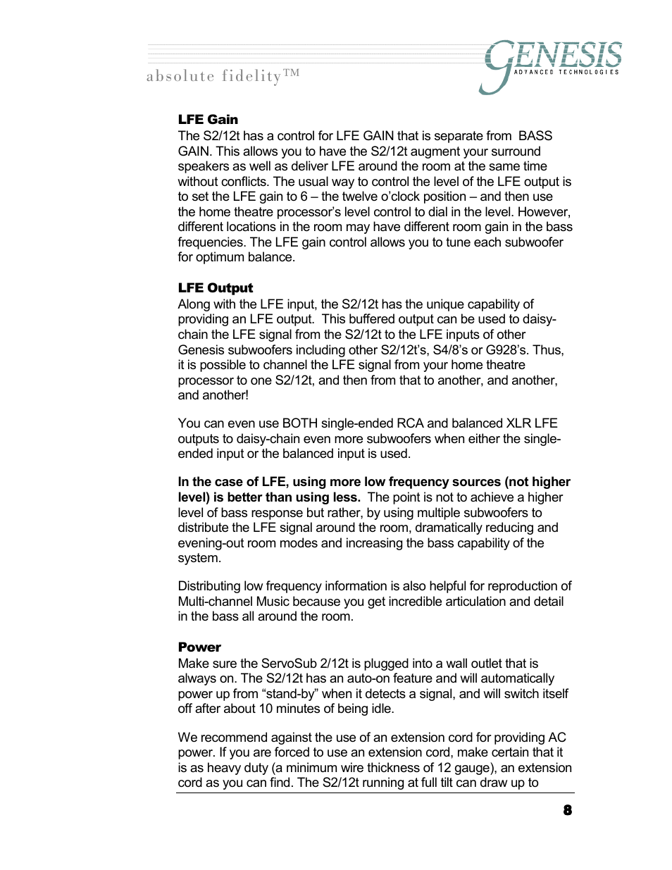 Lfe gain, Lfe output, Power | Lfe g, Lfe o, Utput, Ower, Длздмнй=сбзйдбну | Genesis I.C.E. 12t User Manual | Page 8 / 17