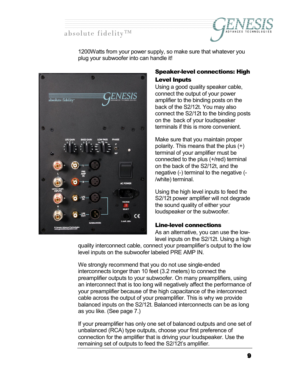 Speaker-level connections: high level inputs, Line-level connections, Peaker | Level connections, Evel, Nputs, Длздмнй=сбзйдбну | Genesis I.C.E. 12t User Manual | Page 9 / 17