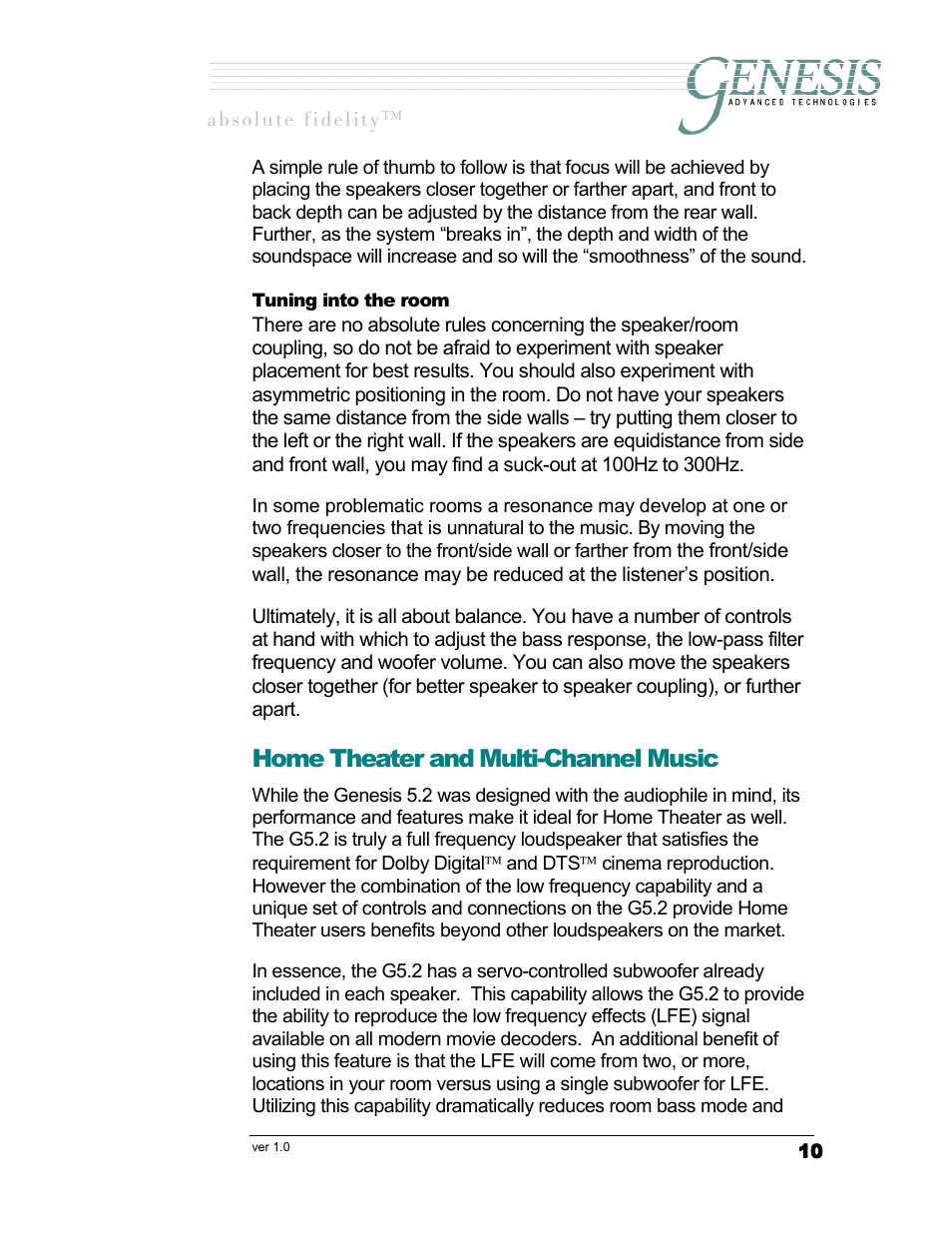 Uning into the room, Home theater and multi-channel music | Genesis I.C.E. Genesis 5.2 User Manual | Page 10 / 20