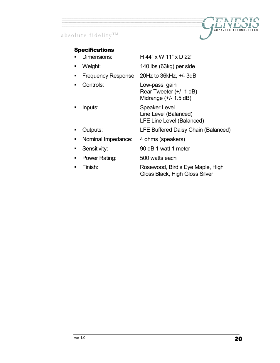 Pecifications | Genesis I.C.E. Genesis 5.2 User Manual | Page 20 / 20