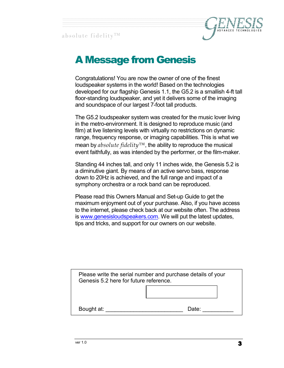 A message from genesis | Genesis I.C.E. Genesis 5.2 User Manual | Page 3 / 20