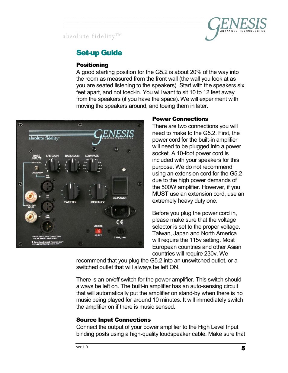 Set-up guide, Ositioning, Ower | Onnections, Ource, Nput | Genesis I.C.E. Genesis 5.2 User Manual | Page 5 / 20