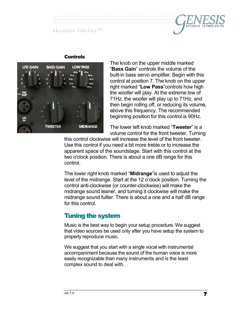 Ontrols, Tuning the system | Genesis I.C.E. Genesis 5.2 User Manual | Page 7 / 20