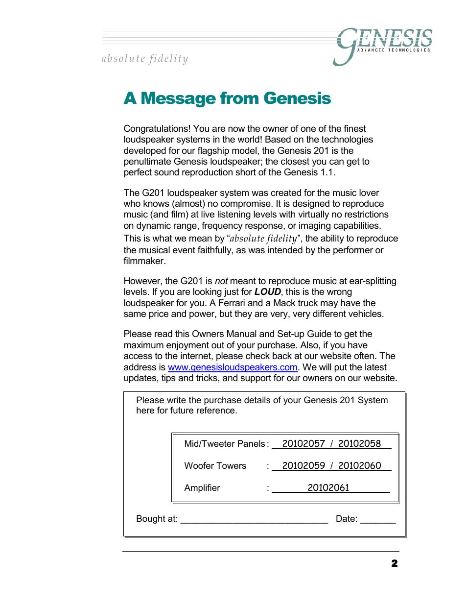 A message from genesis | Genesis I.C.E. 201 User Manual | Page 2 / 25