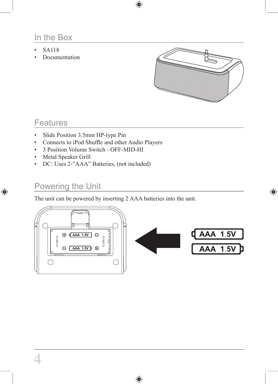 Features, Powering the unit | GPX SA118S User Manual | Page 4 / 8