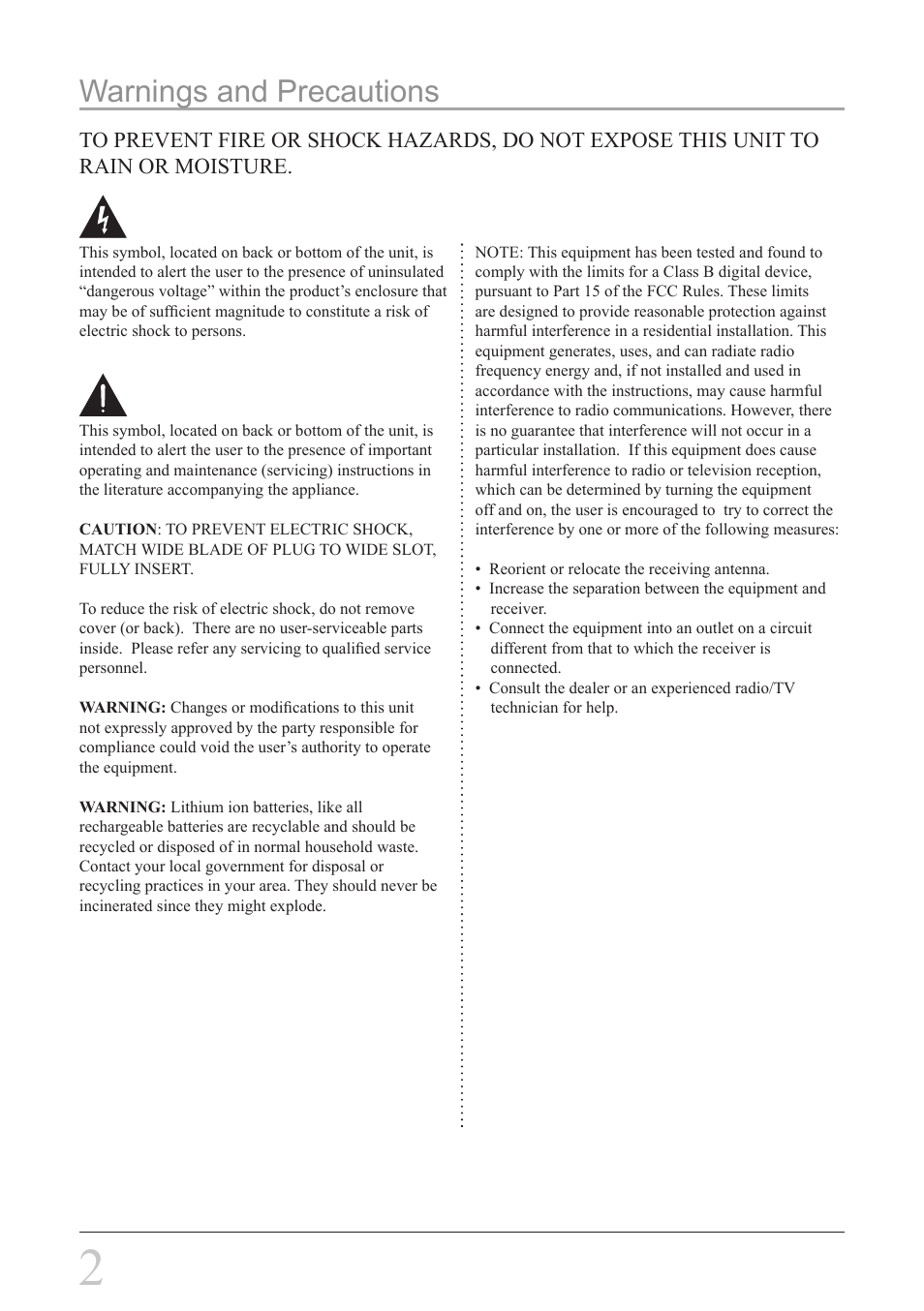 Warnings and precautions | GPX PF108S User Manual | Page 2 / 8