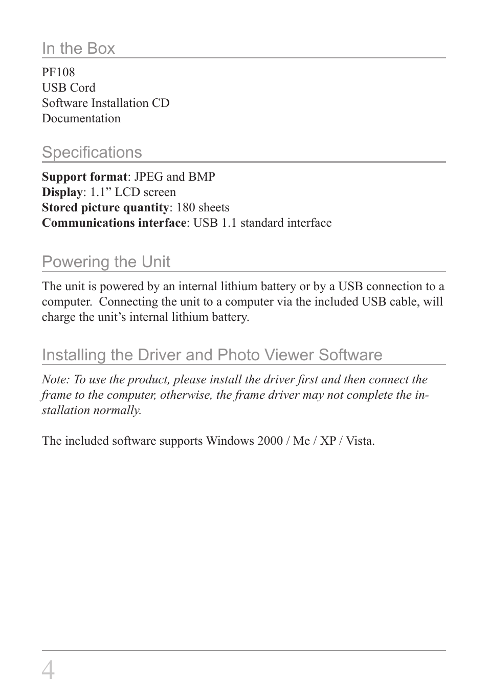Specifications, Powering the unit, Installing the driver and photo viewer software | GPX PF108S User Manual | Page 4 / 8