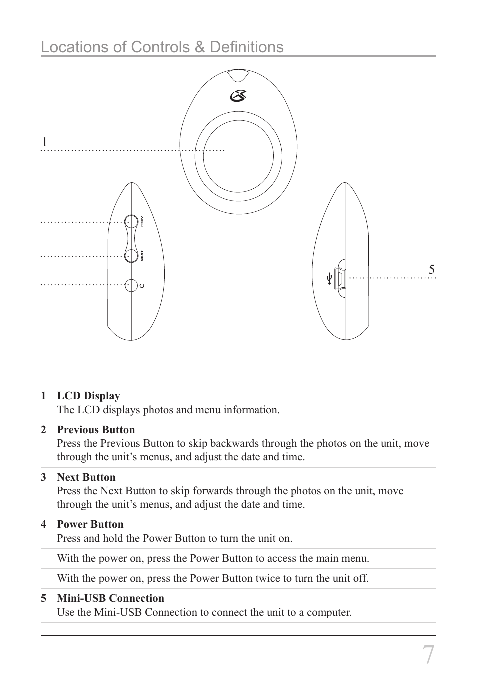 Locations of controls & definitions | GPX PF108S User Manual | Page 7 / 8